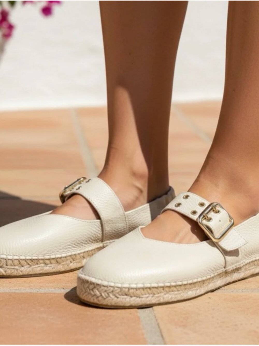 JUTELIA MADE IN SPAIN Cream Pebble Leather Mary Jane Espadrille Flats Size 38